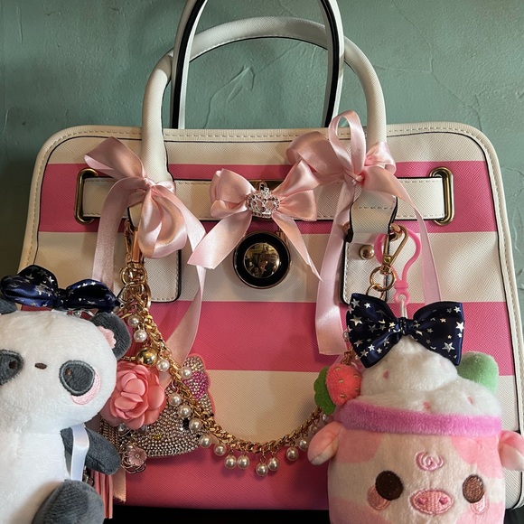 Pink and White Striped Tote with keychains - Picture 2 of 4